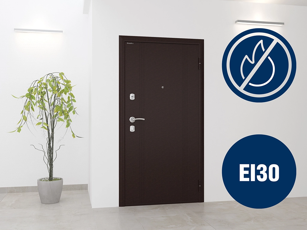 Дополнительно на бытовую дверь «ЛАМИСТАЙЛ» можно установить противопожарную терморасширяющуюся ленту. При воздействии высоких температур наполнитель ленты расширяется, заполняя зазоры и препятствуя проникновению дыма. Предел огнестойкости двери при применении терморасширяющейся ленты составляет не менее 30 минут (EI30), что подтверждено сертификатом соответствия ГОСТ Р 53307-2009.